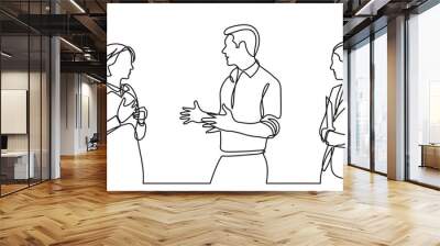 continuous line drawing of standing business people talking -  PNG image with transparent background Wall mural