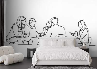 continuous line drawing of work team having meeting Wall mural