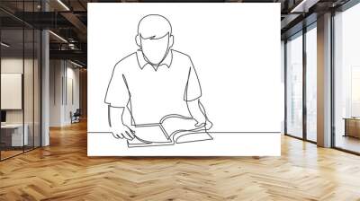 continuous line drawing of young man reading book Wall mural