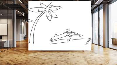 continuous line drawing palm trees cruise ship - PNG image with transparent background Wall mural