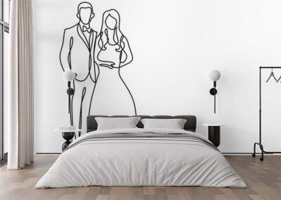 continuous line drawing vector illustration with FULLY EDITABLE STROKE - happy groom bride standing at wedding Wall mural