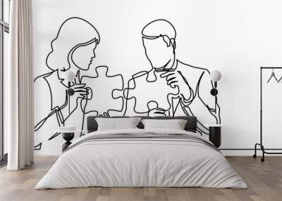 continuous line drawing vector illustration with FULLY EDITABLE STROKE of of two business persons connecting puzzle pieces together Wall mural