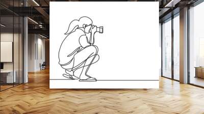 continuous line drawing vector illustration with FULLY EDITABLE STROKE of woman making photos with camera Wall mural