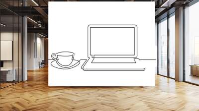 continuous line drawing work laptop computer cup of tea - PNG image with transparent background Wall mural