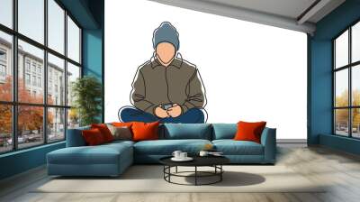 continuous line drawing young man sitting with mobile phone colored - PNG image with transparent background Wall mural