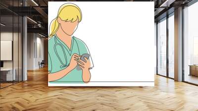 one line vector drawing of hospital nurse checking her mobile phone Wall mural