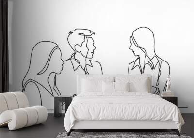 three diverse young professionals holding smartphones discussing work as team continuous line drawing PNG image with transparent background Wall mural