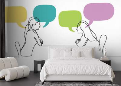 two young women sitting behind table talking with speech bubbles - PNG image with transparent background Wall mural