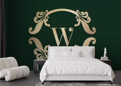 Letter W Alphabet Logo with Luxury Decorative Golden Frame. Elegant Curl Floral Ornament. Wall mural