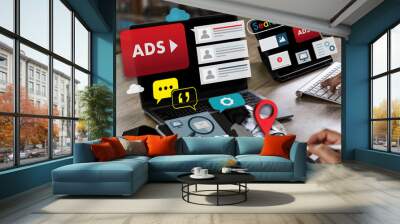 advertise media branding  a man using and typing on a laptop. Media communication technology, laptop analysis, network browsing concept Wall mural