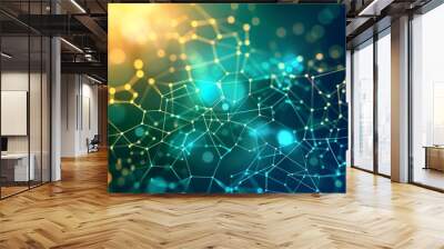 Abstract representation of network connections with glowing nodes and lines on a blue and green bokeh background Wall mural