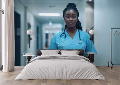 Female African American Healthcare Worker Nurse in Hospital Corridor

 Wall mural