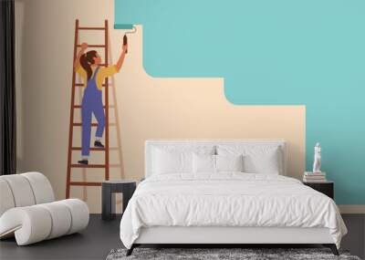 Business flat cartoon style drawing painter standing on ladder paints wall. Handywoman holding paint roller. Repairwoman provide home construction. Worker overalls. Graphic design vector illustration Wall mural