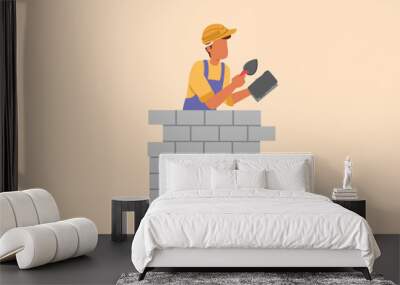 Business flat cartoon style drawing young repairman building brick wall. Construction worker in uniform and helmet doing work. Builder concept. Repair work services. Graphic design vector illustration Wall mural