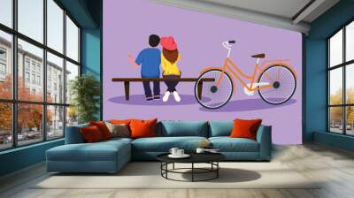 Cartoon flat style drawing back view of romantic couple talking while sitting on bench at park. Happy man woman riding an electric bike. Evening walk by the river. Graphic design vector illustration Wall mural