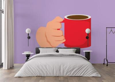 Cartoon flat style drawing hand holds a hot chocolate mug by the handle. Relax time in the morning. Human hand is holding a ceramic cup with coffee or tea at home. Graphic design vector illustration Wall mural