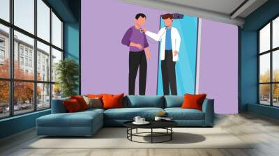 Cartoon flat style drawing male doctor comes out of smartphone screen and check male patient heart rate using stethoscope. Online doctor medical healthcare metaphor. Graphic design vector illustration Wall mural