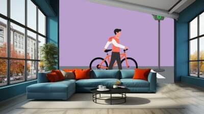 Cartoon flat style drawing of young man walking on a bicycle crossing the zebra crossing at crossroads. Cycling has become lifestyle for urban people. Healthy life. Graphic design vector illustration Wall mural