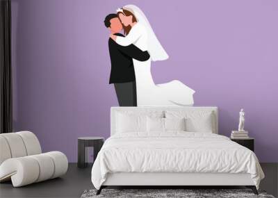 Cartoon flat style drawing romantic married couple in love kissing and hugging with wedding dress. Happy man carrying a beautiful woman in wedding party celebration. Graphic design vector illustration Wall mural