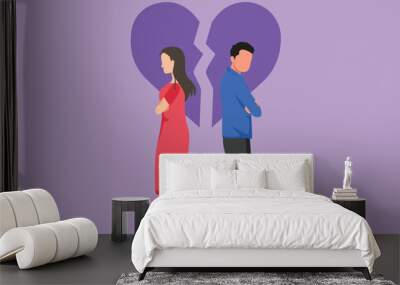 Cartoon flat style drawing unhappy young couple standing arms crossed. Family conflict. Break up relationship. Married man and woman angry, sad against broken heart. Graphic design vector illustration Wall mural