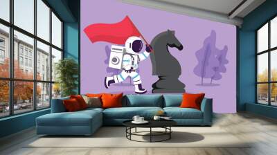 Cartoon flat style drawing young astronaut running and holding flag beside big horse knight chess in moon surface. Winning competition. Cosmic galaxy space concept. Graphic design vector illustration Wall mural