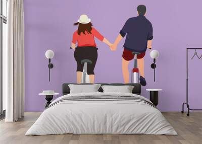 Character flat drawing back view of romantic cycling couple holding hands in afternoon. Togetherness husband and wife after wedding. Happy man and woman ride bike. Cartoon design vector illustration Wall mural