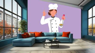 Character flat drawing beautiful female chef holding ladle with okay gesture and tasting delicious soup. Wearing uniform ready to cook food for guests in restaurant. Cartoon design vector illustration Wall mural