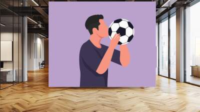 Character flat drawing handsome male football player kissing ball with pride. Happy expression in national level competition. Professional player on training center. Cartoon design vector illustration Wall mural