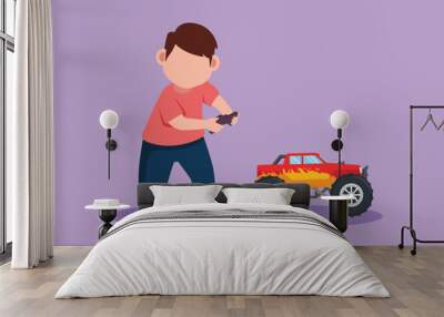 Character flat drawing of cheerful little boy playing with remote controlled monster truck toys. Kids playing with electronic toy truck with remote control in hands. Cartoon design vector illustration Wall mural