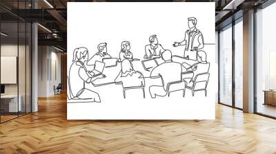 Continuous one line drawing young attractive happy trainer giving life skill lesson to the class member. Business training and presentation concept. Single line draw design vector graphic illustration Wall mural