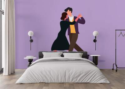 Graphic flat design drawing attractive man and woman romantic professional dancer couple dancing tango, waltz dance on dancing contest dancefloor. Happy couple dance. Cartoon style vector illustration Wall mural