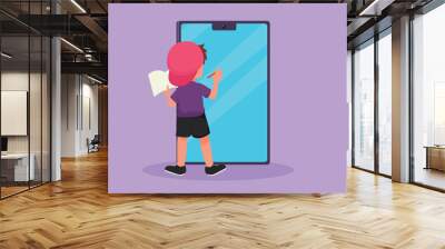 Graphic flat design drawing back view of pre schooler boy student writing on giant smartphone screen like he was writing on whiteboard. Little kid learning metaphor. Cartoon style vector illustration Wall mural