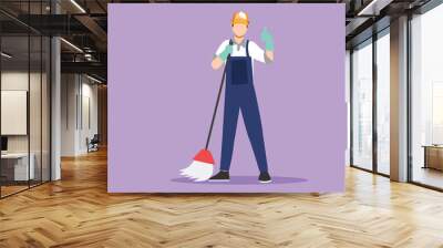 Graphic flat design drawing floor care and cleaning services with washing mop in sterile factory or clean hospital. Cleaning man service pose with thumbs up gesture. Cartoon style vector illustration Wall mural