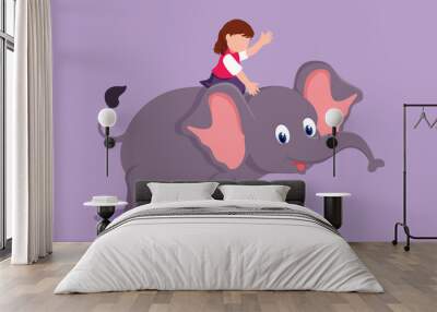 Graphic flat design drawing pretty little girl riding elephant at amusement park. Child sitting on back elephant and travelling. Happy kids learning to ride elephant. Cartoon style vector illustration Wall mural