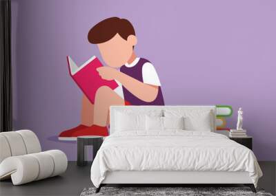 Graphic flat design drawing smart little boy reading, learning and sitting beside on pile of book. Study in library at school. Intelligent student, education concept. Cartoon style vector illustration Wall mural