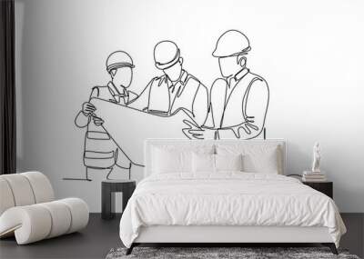 Single continuous line drawing of builder and architect wearing construction vest, helmet looking for building design on blue print together. Great teamwork. One line draw graphic vector illustration Wall mural