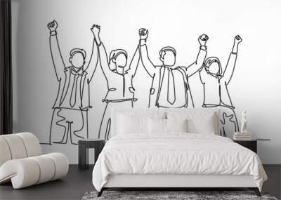 Single continuous line drawing of group of male manager and female manager hold hands each other to celebrate their success win tender. Team work goal. One line draw graphic design vector illustration Wall mural