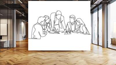 Single continuous line drawing young startup founders brainstorming innovation ideas in a meeting at the office. Business presentation concept. Dynamic one line draw graphic design vector illustration Wall mural