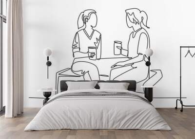 Single one line drawing two young cute female worker have casual chat over drink coffee during office break. Having small talk at work concept. Continuous line draw design graphic vector illustration Wall mural