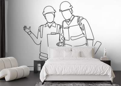 Single one line drawing young construction manager do short brief to builder coordinator on site. Building architecture business concept. Modern continuous line draw design graphic vector illustration Wall mural