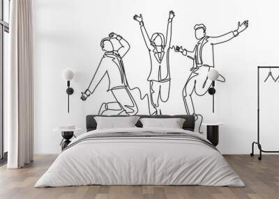 Single one line drawing young happy business man and business woman jumping to celebrate their successive business. Business deal celebration. Continuous line draw design graphic vector illustration Wall mural