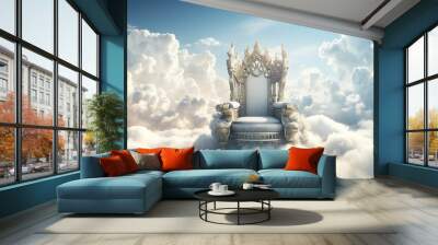 Ancient throne in the sky among the clouds, heaven concept, fluffy white clouds and blue sky, king throne Wall mural