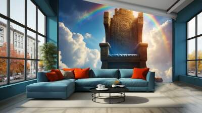 Ancient throne standing on the rocks up in the blue sky with passing clouds and rainbow, empty throne, god, king concept  Wall mural