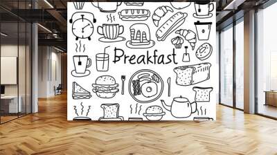 Line Hand Drawn Doodle Vector Breakfast Set. Vector Illustration.	 Wall mural