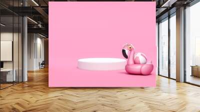 pink flamingo float, tropical bird shape inflatable swimming pool ring with white podium display sta Wall mural