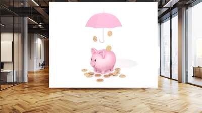 Pink piggy bank and sunglasses with umbrella on blue background for business and financial concept 3d rendering. 3d illustration concept of save money or open a bank deposit or Investments in future. Wall mural