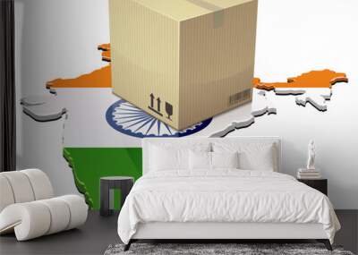 3D map of India in the colors of the Indian flag on which a cardboard parcel is placed (cut out) Wall mural