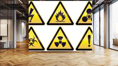 Collection of yellow and black triangular warning sign with nuclear, chemical, bacteriological, electrical and general radiation hazard symbols Wall mural