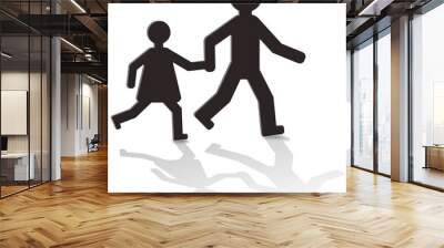 Silhouette of an adult leading a child on foot with a shadow on the ground on a white background Wall mural