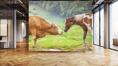 A cow and a horse in nature. Wall mural